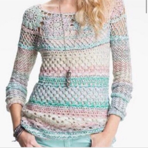 Free people Medium open knit crochet knit rainbow weave sweater - Picture 2 of 8